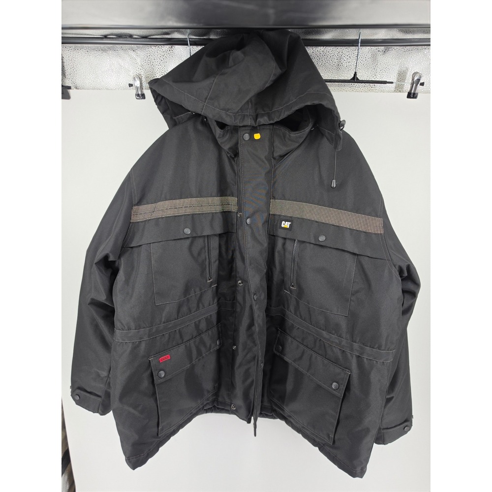 CAT Caterpillar Mens 3XL Black Insulated Hooded Workwear Parka Jacket Reflective